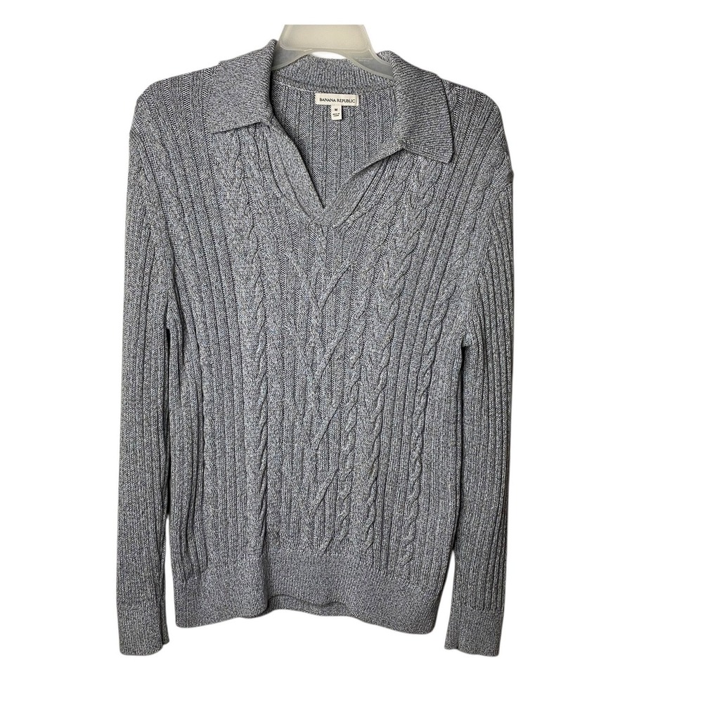 Banana Republic Gray Cable Knit Sweater Cotton Women's Medium Polo Collar